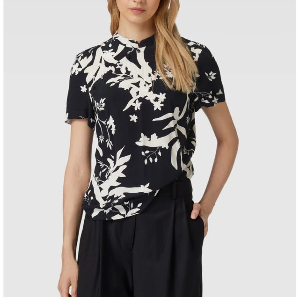 JAKE'S Short Sleeve Blouse Shirt Floral Pattern High Neck Black Cream Size 44